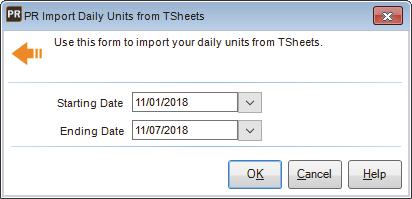 Figure 41: PR Import Daily Units from TSheets window 2 Enter the starting and ending date for the range of daily units you want to import.