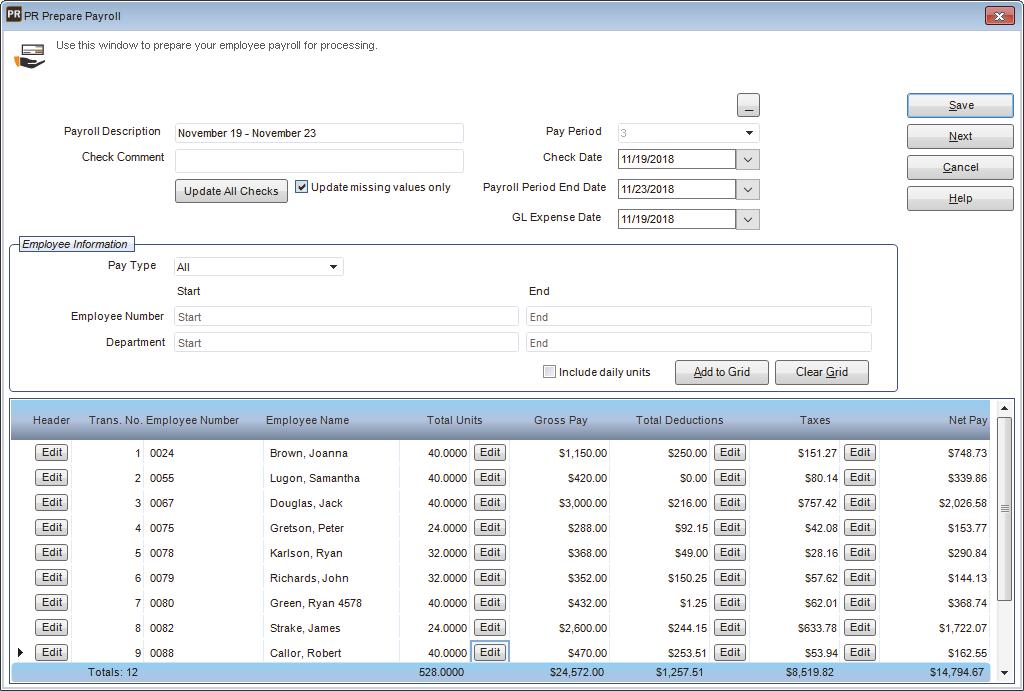 Figure 46: PR Prepare Payroll window 3 Enter a description and a comment, and change any dates if necessary.