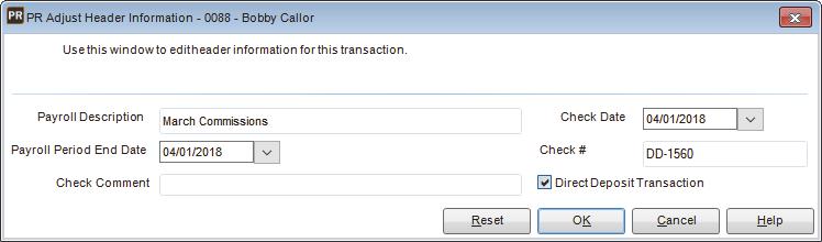 Adjusting Header Information Click the Edit button in the Header column of the Process Payroll window to open the PR Adjust Header Information window.