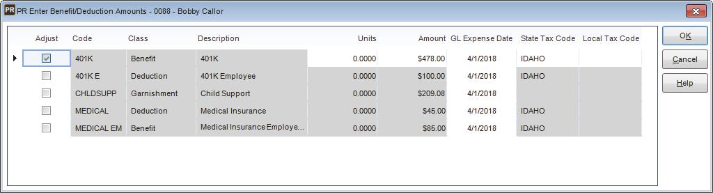 Figure 49: PR Enter Benefit/Deduction Amounts window Select the Adjust check box next to the row you want to edit. The read-only fields remain gray and you cannot edit them.