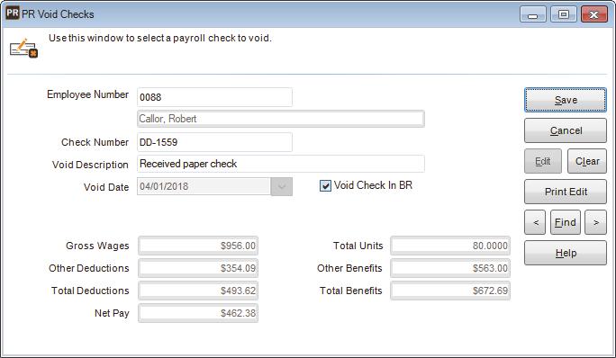 Figure 61: PR Void Checks window 2 If you want to filter the available check numbers by employee, you can type the employee number or use the Lookup to select the employee in the Employee Number
