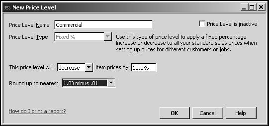 Creating New Price Levels For each price level you create, you assign a name and percentage increase or decrease to the item s base sales price.