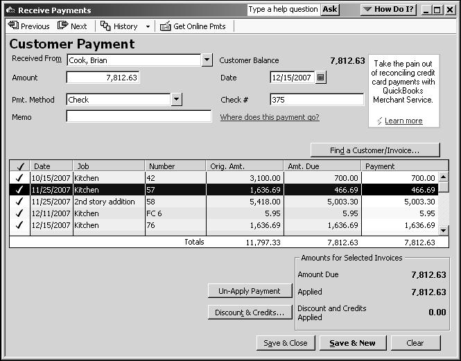 Applying One Payment to Multiple Jobs To apply one payment to multiple jobs: 1. In the Receive Payments window, select Cook, Brian from the Received From dropdown list. 2.