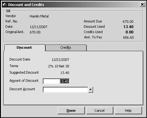 Applying Vendor Discounts to Bill Payments If you take advantage of discounts for early payment offered by some vendors, you can record the discounts directly in the Pay Bills window.