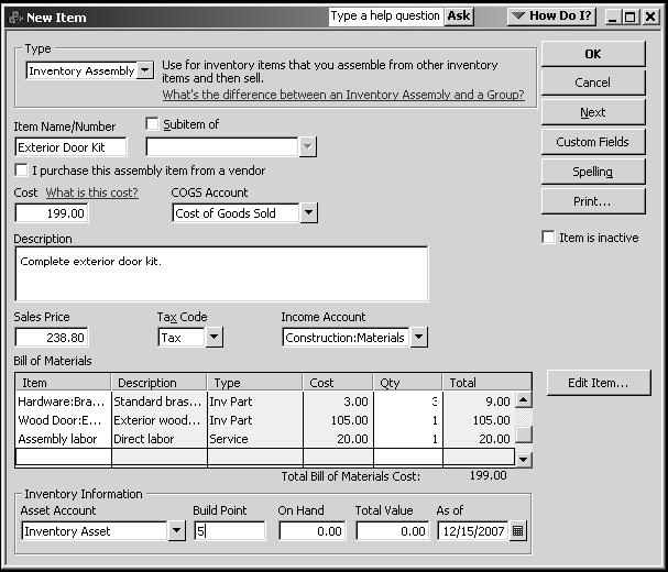 Creating Inventory Assembly Items You can have QuickBooks remind you to build this assembly when your inventory quantity reaches a certain level.