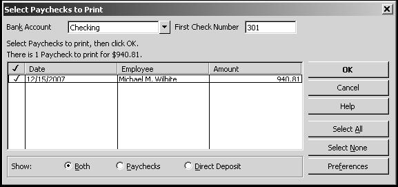 Printing Paycheck Stubs You can print paychecks as you would any QuickBooks check. If you use vouche checks, QuickBooks prints the payroll item detail in the voucher area.
