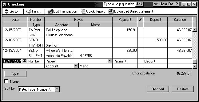 Writing a QuickBooks Check To write a check: 1. In the Banking area of the Home page, click Write Checks. 2. Select the To be printed checkbox. 3. In the Pay to the Order of field, type Cal Telephone.