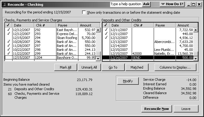 Marking Cleared Transactions 9. In the Checks, Payments and Service Charges section, click to clear the checkmarks for all items with dates later than 12/12/2007. 10.
