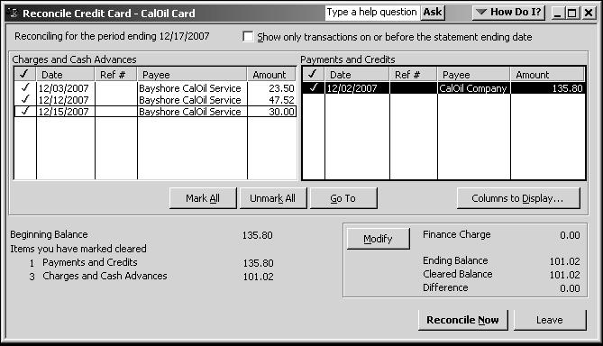 Marking Cleared Transactions To mark the transactions as cleared: 1. In the Charges and Cash Advances section of the window, select all three charges. 2.