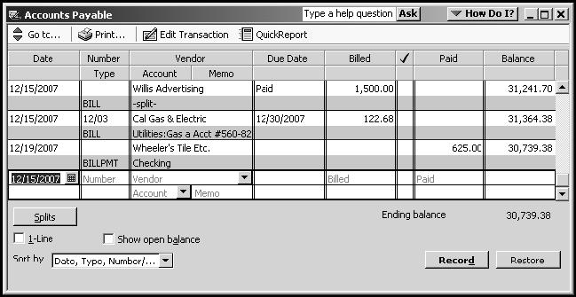 How QuickBooks Records Your Bill Payment When you pay a bill through the Pay Bills window, QuickBooks makes an entry in the accounts payable register, showing a decrease of $1,500 in the total