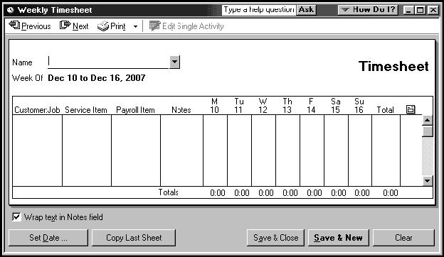 Recording Employee Time on Weekly Timesheets To enter information on a weekly timesheet: 1. On the Home page, click Enter Time, and then click Use Weekly Timesheet. 2.