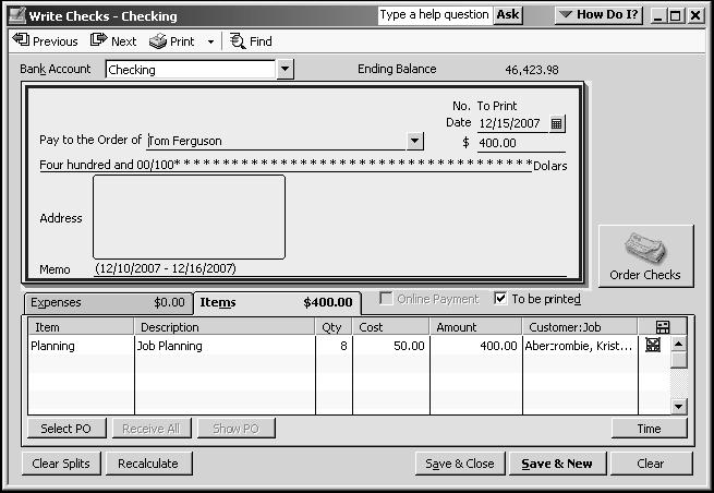 Preparing a Check to Pay for Nonemployee Time Worked In this section, you ll learn how to create a check to reimburse an owner for time worked on a specific job.