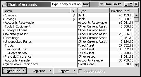 Managing Lists To sort a list manually: 1. From the Lists menu, choose Chart of Accounts. 2. Click the diamond to the left of the Owner s Draw subaccount of Owner s equity. 3.