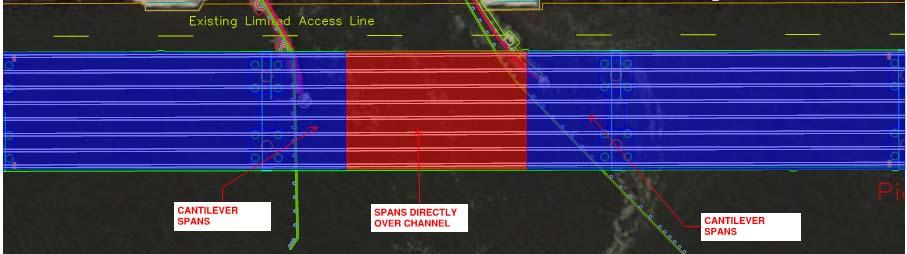 Spans that cantilever over the navigation channel are shown in blue in figure 3 below, spans directly over the channel are shown in Red in Figure 3 below Figure 3 Spans over the Navigational Channel