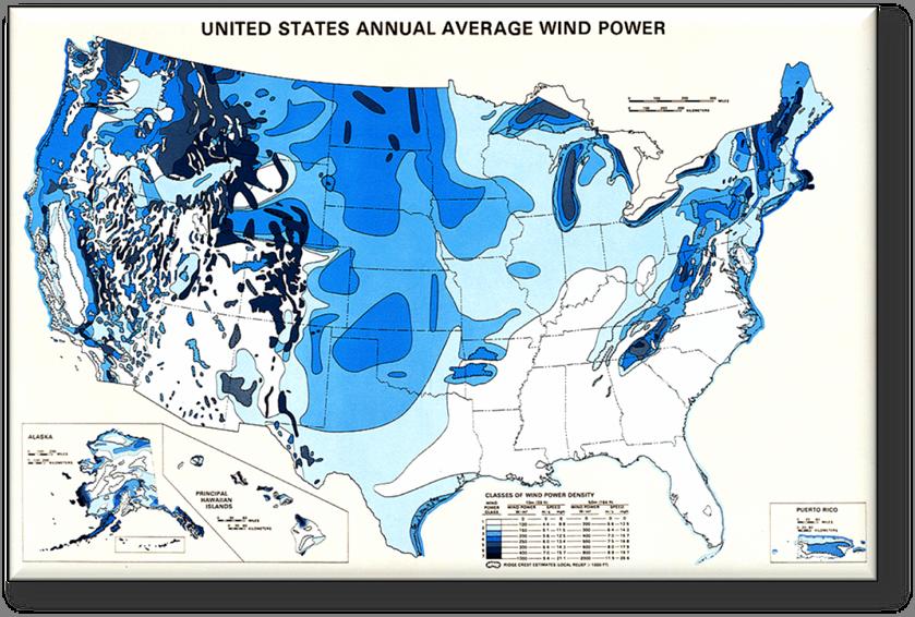 Wind resources predominately in the western U.S.