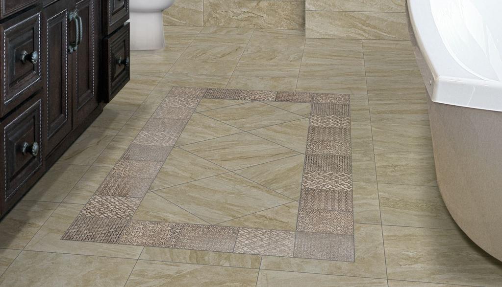 Shown: 28434 12x12 & 12x24 Soft Rock, 28400A/I6x6 Warm Insert, 28400B/I6x6 Warm Insert Typical Uses Mingle HDP glazed porcelain floor and wall tile is appropriate for all residential and commercial