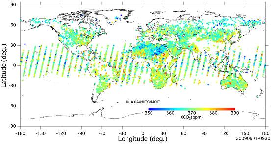 Application of Satellite GOSAT IBKI Data Below Figure is a global map of XCO2 (unvalidated) for the month of September 2009.
