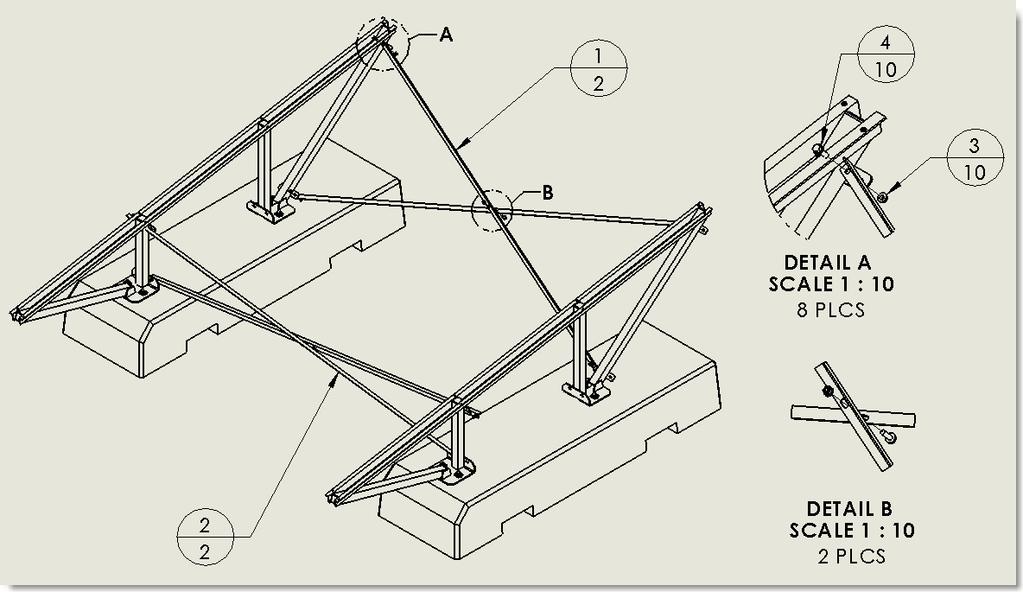 3. INSTALLING THE CROSS SUPPORTS ON THE TRUSSES a. REFERING TO FIGURE 4 AND TABLE 2, SECURE THE (2) NORTH AND (2) SOUTH CROSS SUPPORTS USING THE HEX BOLTS AND FLANGE NUTS (SEE DETAILS A AND B).
