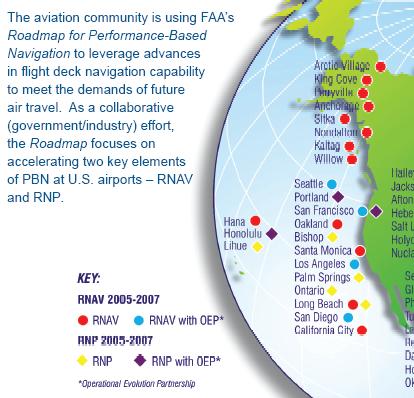 FAA s Roadmap for Performance-Based Navigation (Near Term) Near Term (2006-2010) Terminal RNAV SIDs/STARs at OEP airports RNP-1 SIDs/STARs where benefitial