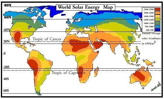 Solar energy availability Global horizontal irradiation (kwh/m 2 per year) Total amount of solar energy incident on the surface of the Earth