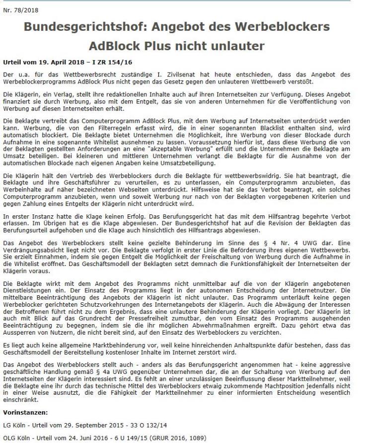 Adblock Plus (3) Court proceedings On 29 September 2015, 1 st instance judgment by the Regional Court of Cologne dismissed plaintiff's claim 2nd instance judgement by the Higher Regional