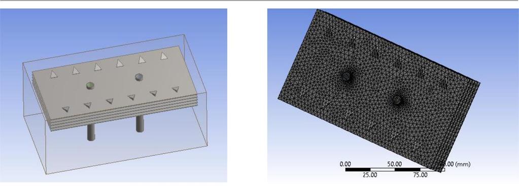 Fig. 3 Model with both side protrusions Fig. 6 Mesh with 2 array protrusions Meshing: The model after importing and adding body and adding the constraints is ready for meshing.