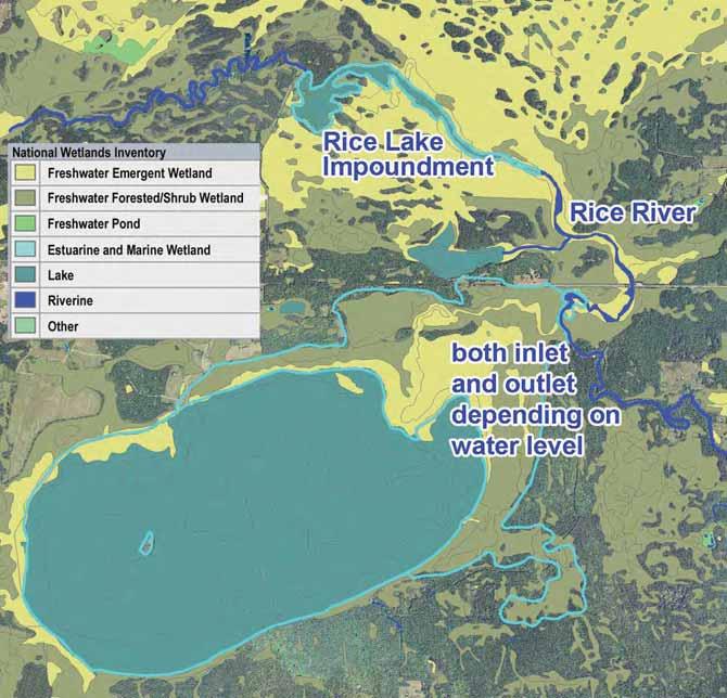 Figure 1. Map of Rice Lake with aerial land use and National Wetlands Inventory. Rice Lake water levels are controlled by a structure.