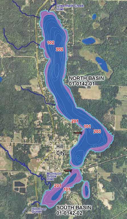 Figure 1. Map of Hill Lake illustrating bathymetry, lake sample site locations, stream inlets and outlets and aerial land use.