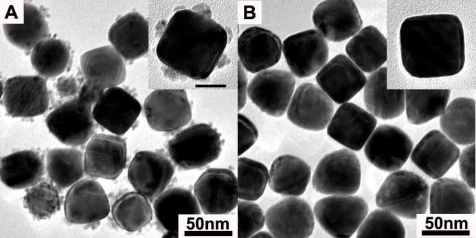 Figure S12. TEM images of cubic Au@Pd island NPs (A) and cubic Au@Pd 3L NPs (B) prepared in aqueous CTAC solution with a ph of 7.5 and 3.3, respectively.