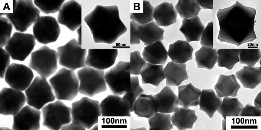 Figure S5. Typical TEM images of TOH Au@Pd NPs prepared in the aqueous CTAC solution with different ph values: (A) with ph values of from 2.2 to 5.5, and (B) with a ph value of 7.5. The amount of Pd precursor used is all the same.