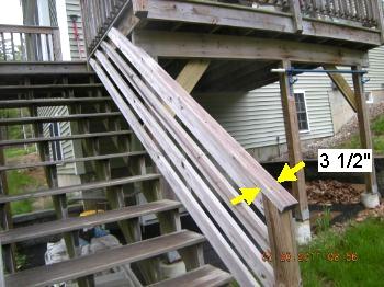 Improper handrail; a hand rail customarily is no larger than 2" diameter.