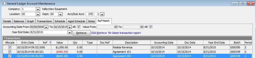 Relieving Unearned Revenue: Single Entry If you chose to create a single entry, you will need to reference match to complete the process Select your clearing