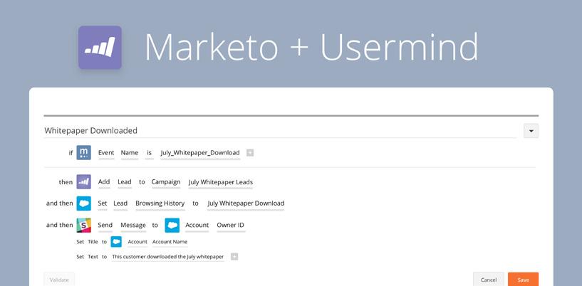 CONNECTING MARKETO TO USERMIND (AND THE REST OF YOUR TECHNOLOGY STACK) With Usermind, you can integrate SaaS applications with your database and other systems, and orchestrate complex journeys