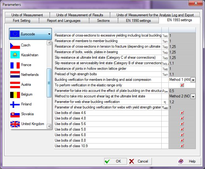 Settings tab enables to select the partial safety factors in compliance with EN 1993