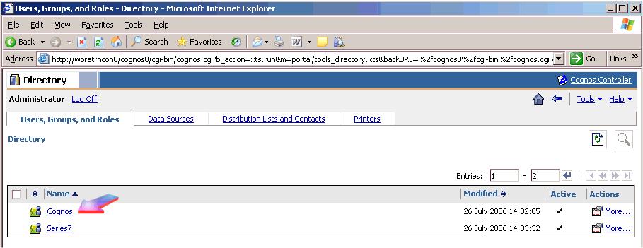 On the Users, Groups, and Roles tab, click the Cognos namespace.