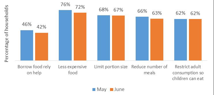 Decrease in the use of some negative coping strategies in rural areas Across Lesotho, the use of three of the five surveyed food-related coping strategies fell in June compared with May (Figure 3).