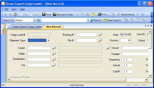 Printed Documentation Ocean Export Cargo Loader dialog 3. Click File->New Record or right-click and select [New] from the popup menu. Ocean Export Cargo Loader dialog 4.