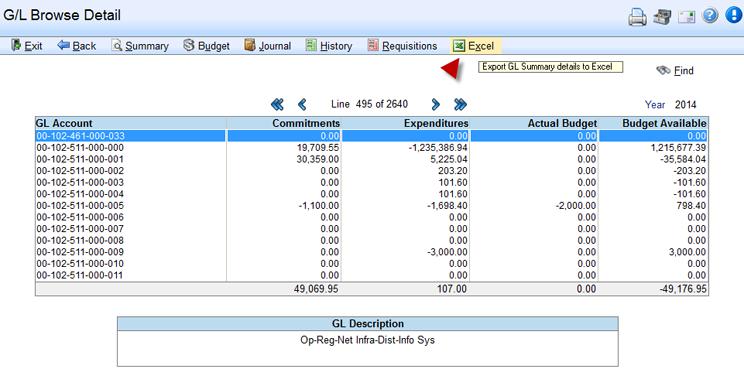 The fields exported to Excel include: Account, GL