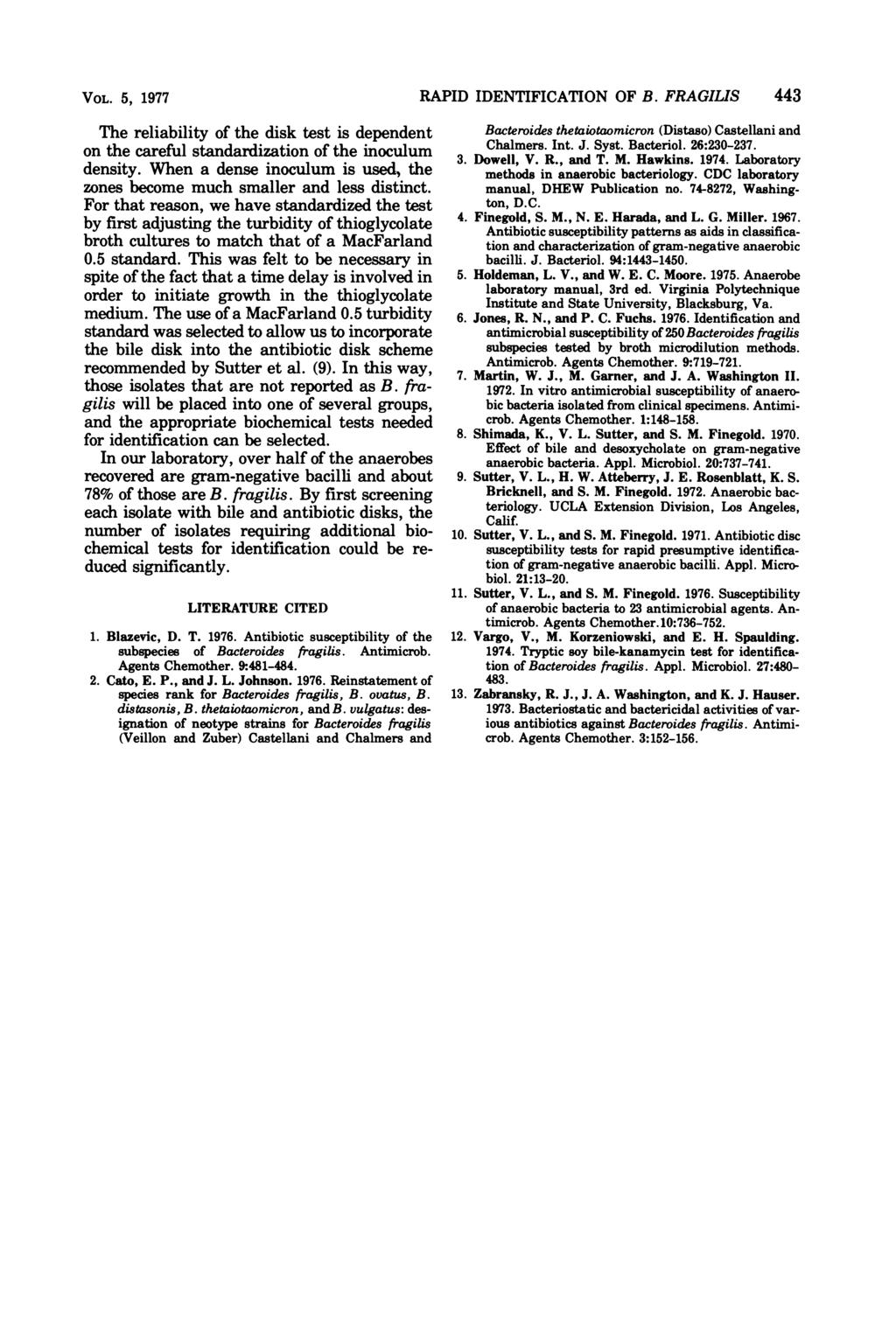 VOL. 5, 1977 The reliability of the disk test is dependent on the careful standardization of the inoculum density. When a dense inoculum is used, the zones become much smaller and less distinct.