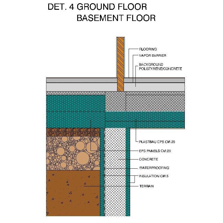 Construction details of the Passive House envelope and building services Construction including insulation of the floor slab or basement ceiling with exterior and interior wall constructions There