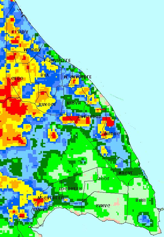 the region. Sat imagery indicated 25-50 mm in coastal areas, 50-75 mm in agricultural areas. (April to June 09).