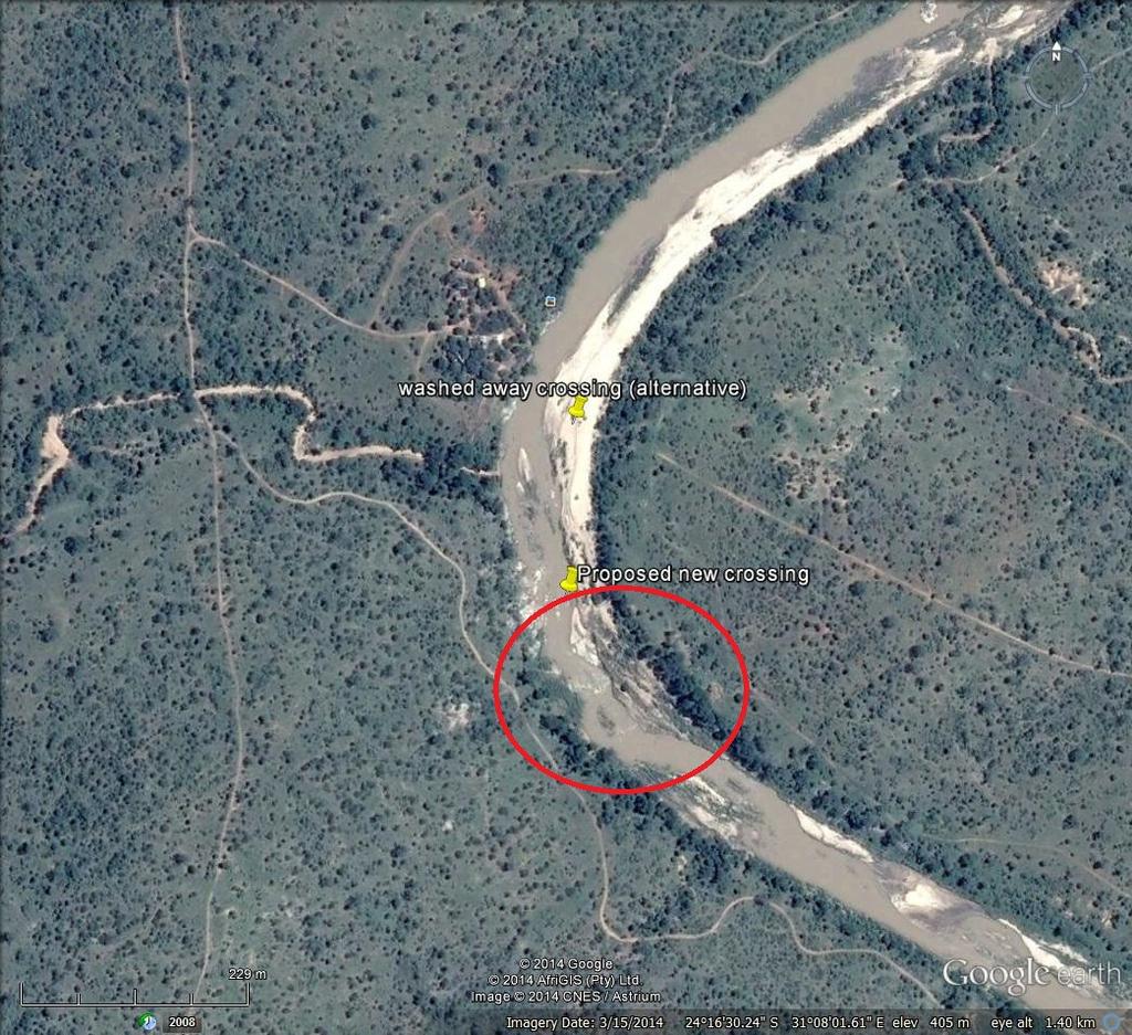 Figure 1: Satellite image indicating the location of the area investigated for location of the proposed crossing.