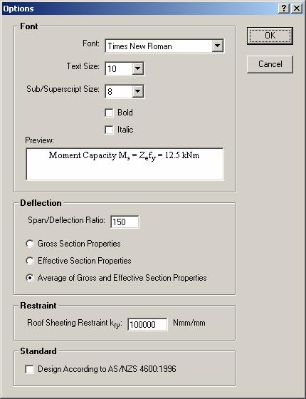 OPTIONS Font Allows the user to change the font type for the report. Display The calculations for the effective width of a section take up many lines of the report.