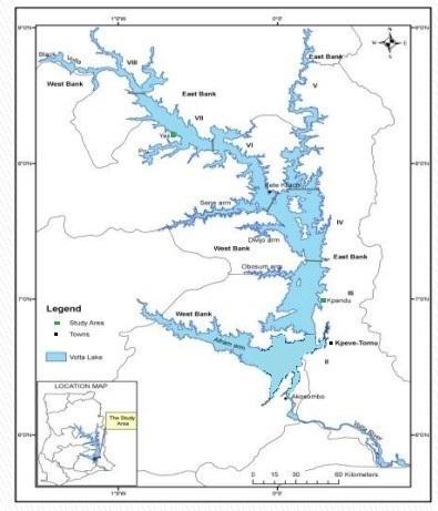 METHODOLOGY Volta Lake Located between 1 30 W and 0 20 N and 9 10 N Surface area, 8,500 km 2 ; shoreline, 4,880 km Max and