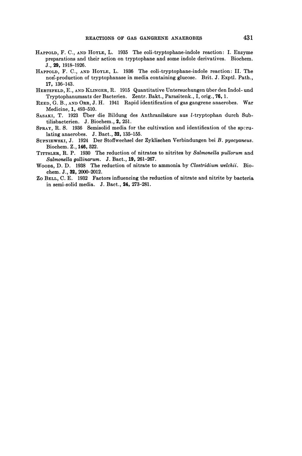 REACTIONS OF GAS GANGRENE ANAEROBES 431 HAPPOLD, F. C., AND HOYLE, L. 1935 The coli-tryptophane-indole reaction: I. Enzyme preparations and their action on tryptophane and some indole derivatives.