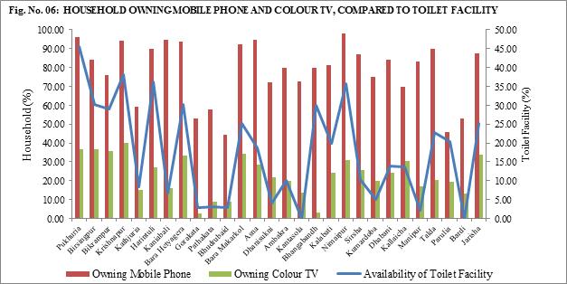 People are using mobile phone, and or colour TV, rather using toilet (Fig. No. 06), Mouzas like, Kantasola and Bardi have no toilet facilities, but, 72.73% and 52.
