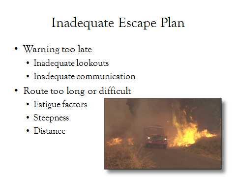 H. Hasty tactical decisions 1. Escape fires 2. Structure threats 3. High tempo operations 4. Lack of risk assessment 5. False urgency I. Inadequate escape plan 1.