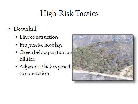 III. High Risk Tactics A. Extreme caution is necessary 1. Downhill 2. Underslung lines 3. Spot fires 4. Indirect tactics 5. Firing operations 6. Frontal assault 7. Structure protection 8.