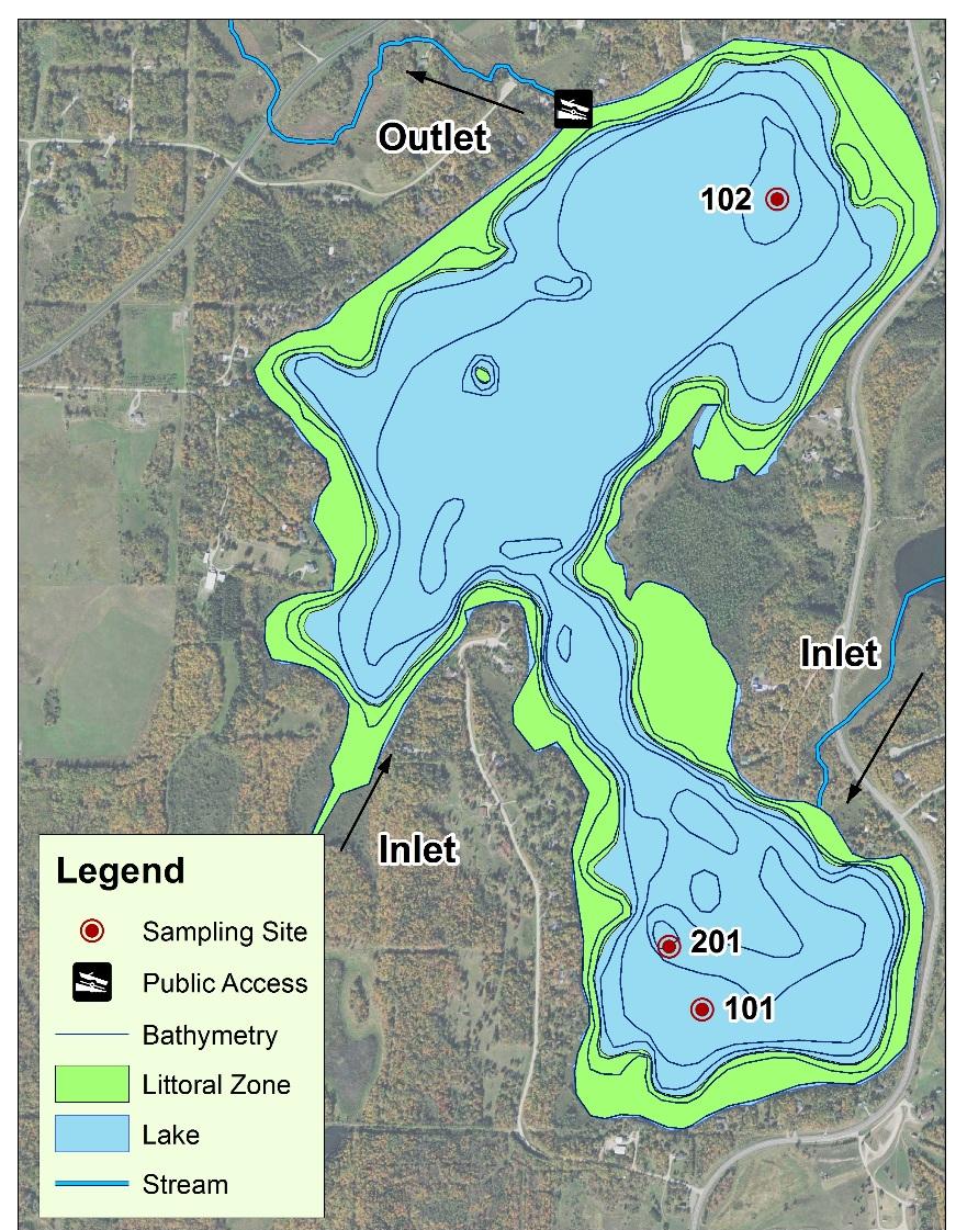 Lake Map Figure 1. Map of Julia Lake with 2010 aerial imagery and illustrations of lake depth contour lines, sample site locations, inlets and outlets, and public access points.