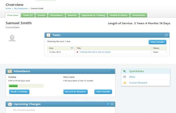Overview The overview allows you to access some of the most commonly used aspects of managing your employee records including booking a holiday and logging an absence.